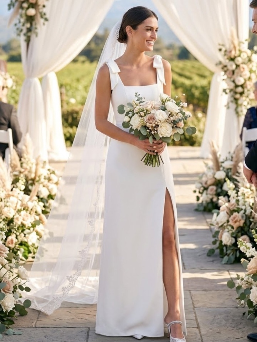 New Lulus  Sweetie Elegant White Bridal Gown with Bow-Strap Thigh Slit Sz Medium - Picture 10 of 13